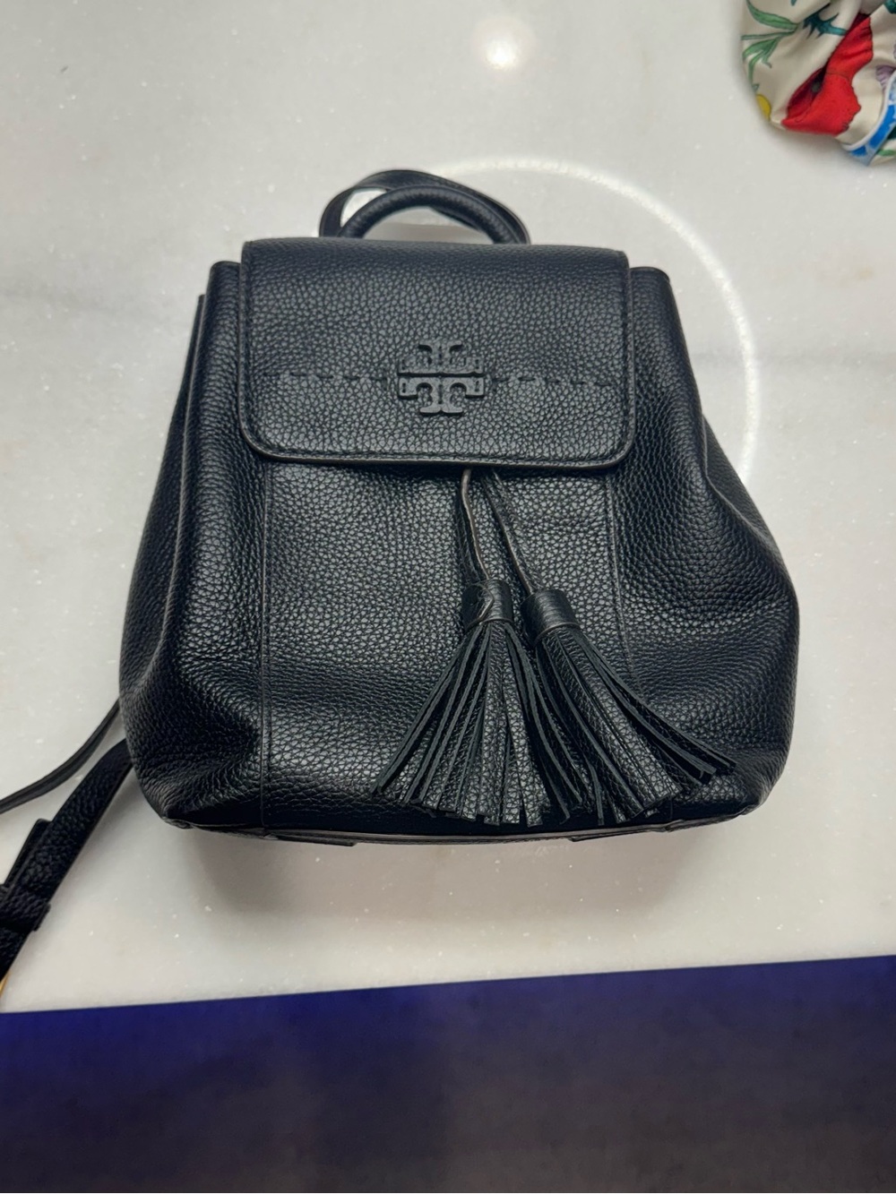 Tory Burch Black Pebbled Leather Tassel Mini Backpack